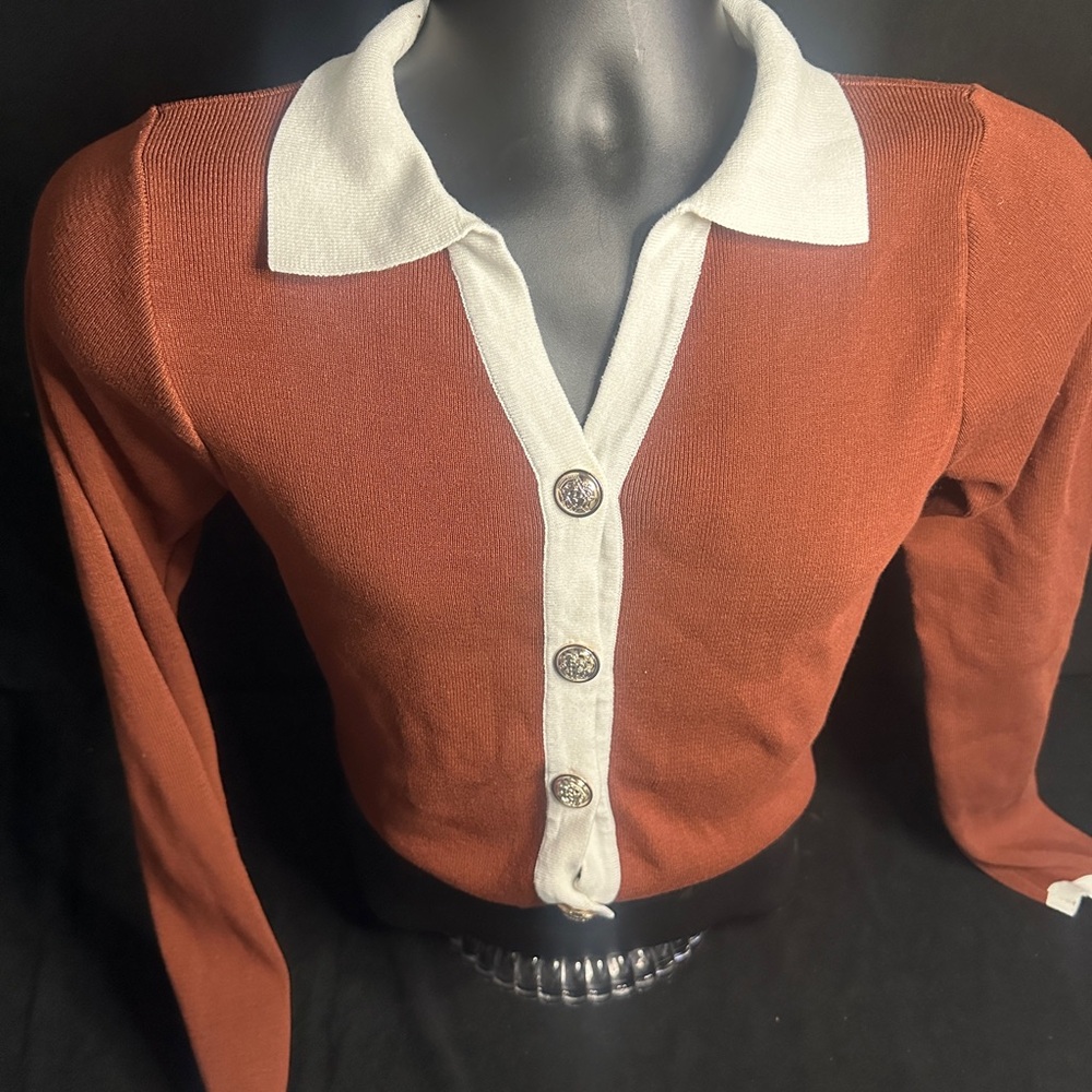 Rust Orange Button-Up Cardigan-retro daisy brand-size L-#456